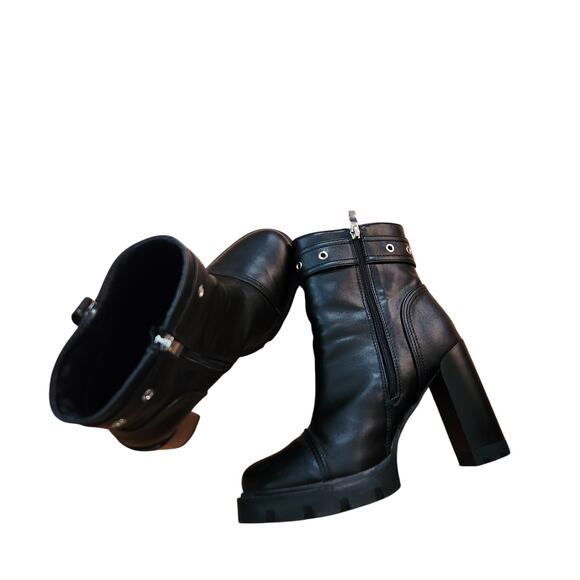 Azalea Wang Black Zip Up Vegan Leather Motorcycle Platform Heels Size 7.5 - Picture 1 of 7